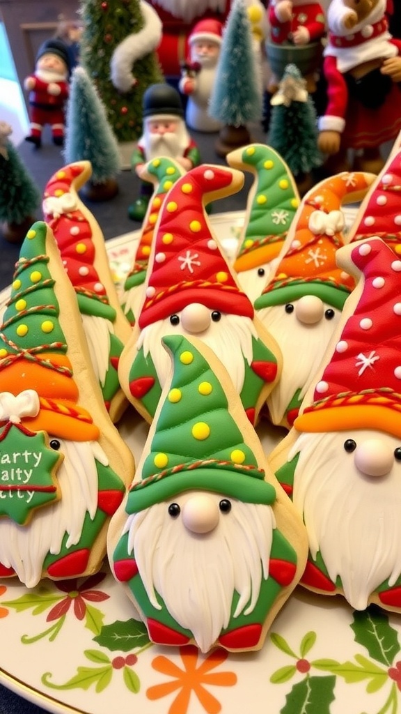 Decorated Christmas gnome cookies with colorful icing on a festive platter.